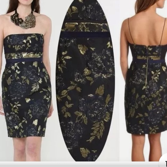 Elie Tahari Orital Jacquard Navy Metallic Gold Floral Cocktail Dress 8 US/ 12UK - Picture 10 of 11